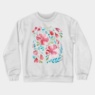 Watercolor of red flowers and turquoise leaves over blue Crewneck Sweatshirt